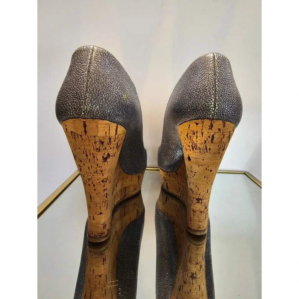 Miu Miu Stingray Embossed Leather Cork Wedge Sandals Womens Blue Grey Peep Toe